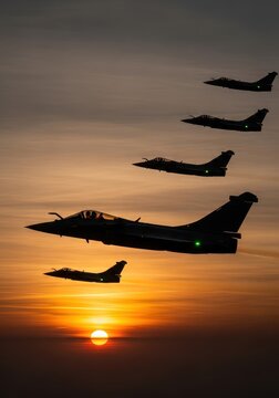 Formation of Military Fighter Jets Silhouetted Against a Golden Sunset Sky During an Air Force Mission