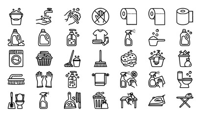 Fototapeta premium Black and White Household Cleaning and Hygiene Outline Icon Collection