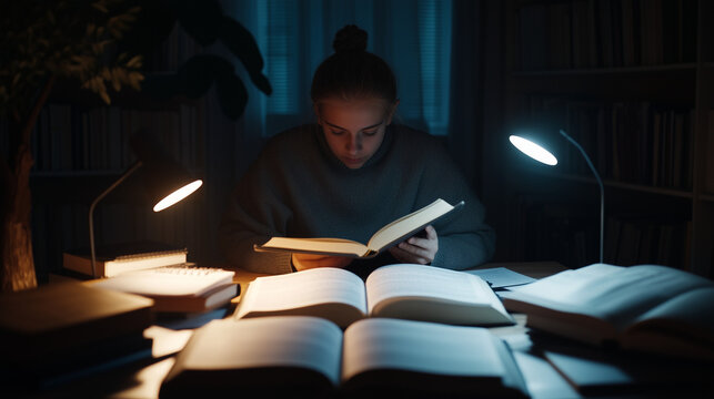 Ai girl reading books late at night in a cozy room with dim lighting and study lamps