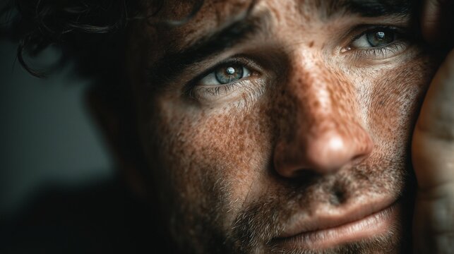 Close-up portrait of a thoughtful man with freckled skin and intense blue eyes, contemplating deep emotions and experiencing feelings of melancholy or sadness