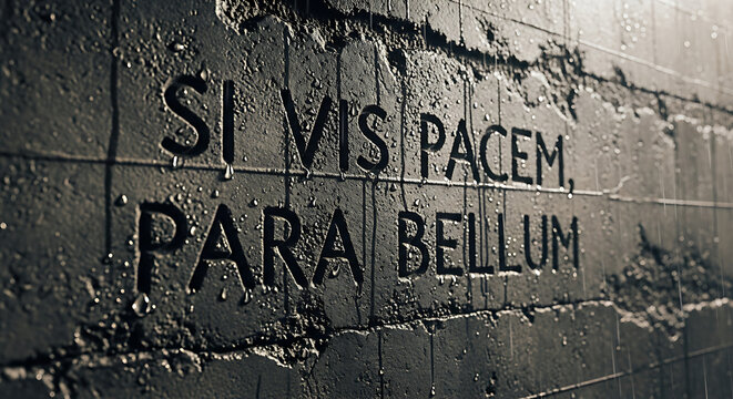 Gritty latin quote on wet dark concrete wall