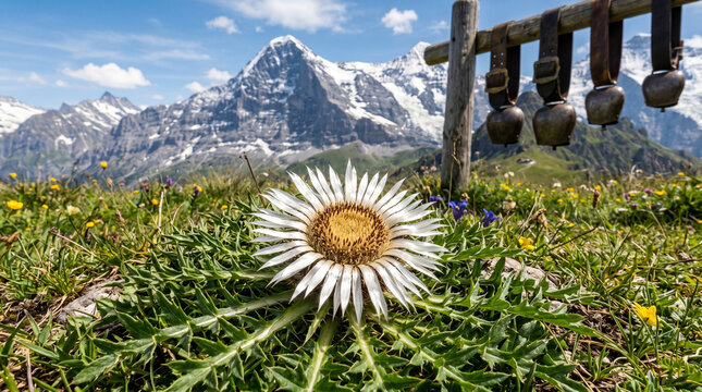 Silver thistle flower blooms beautifully under snowy alpine mountains with hanging rustic bronze cow bells nearby