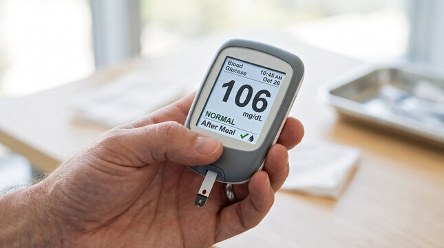Hand holds glucose test device showing level. Portable glucometer features clean medical interface, displaying numerical glucose test, normal status. Crucial for diabetes management.