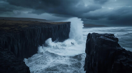 Fototapeta premium Ai Waves hit the rugged cliffs under a dark sky filled with clouds. The strong water flows in a coastal scene, showcasing nature's power. This setting evokes a sense of wildness.