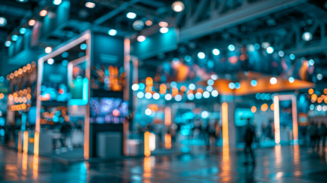 Modern blurred corporate expo hall with teal and orange illuminated display structures, reflective flooring and visitors for business exhibition, convention advertising and presentation background use