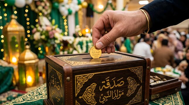Hand putting a gold charity coin into a wooden donation box at a festival