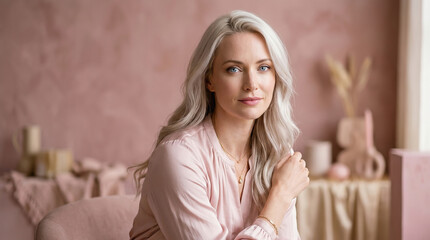 Fototapeta premium Beautiful blonde woman with long hair wearing pink shirt sitting in soft focus room