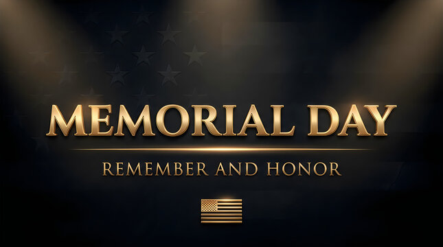 Memorial day background with golden text remember and honor on a dark background with american flag elements