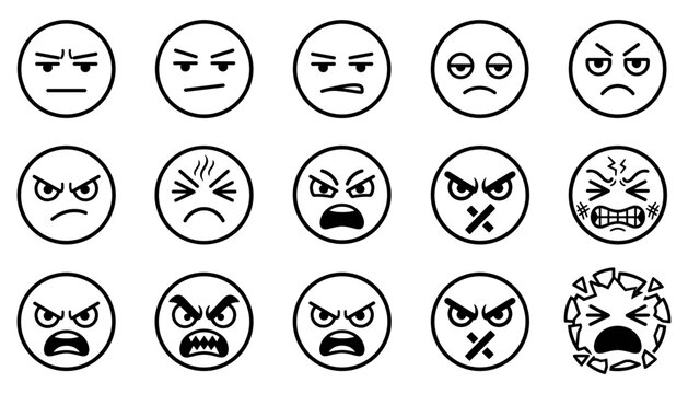 Angry and Annoyed Emoji Line Icon Set Featuring Aggressive, Mad, Grumpy, Furious, and Exploding Face Expression Characters