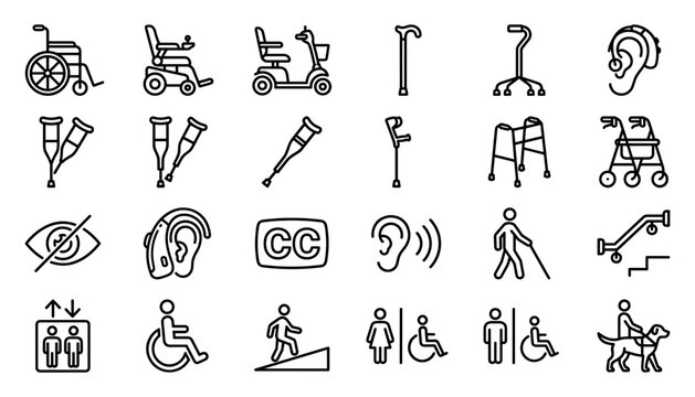 Accessibility and Disability Support Line Icon Set Featuring Wheelchair, Cane, Crutches, Hearing Aid, and Medical Mobility Symbols
