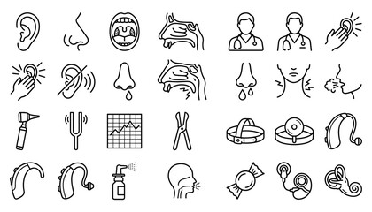 Fototapeta premium Otolaryngology ENT Medical Line Icon Set with Ear Nose Throat Doctor Hearing Aid and Diagnostic Tools for Healthcare Apps and Website Designs