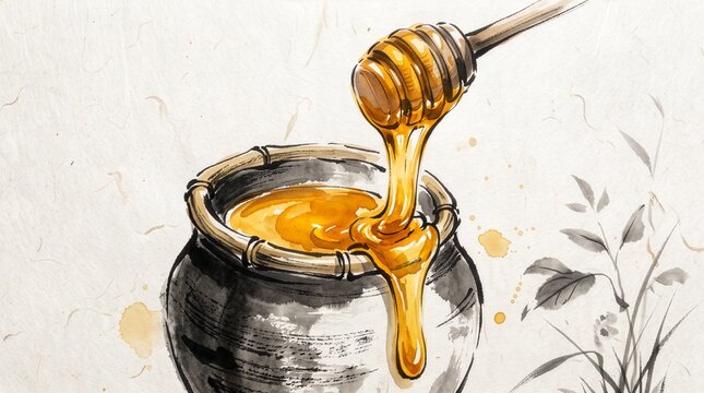 Watercolor style illustration of honey dripping from a dipper into a pot