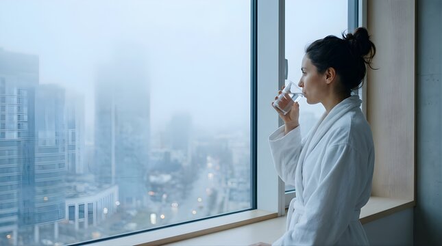 Woman in bathrobe drinking water and looking out of hotel window at city