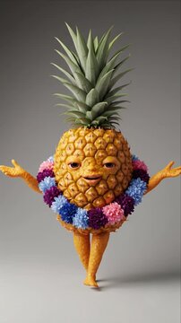Funny Dancing Pineapple Character Wearing Flower Lei
