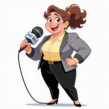Delighted news reporter woman with oversized mic on white background.