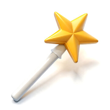 A 3d rendered illustration of a magical golden star wand isolated on a clean white background