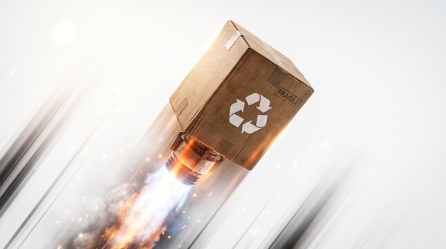 Cardboard box with rocket engine flying fast, express delivery, shipping logistics and transportation symbol, fragile label, motion blur, speed service metaphor, 3d illustration.