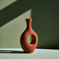 Fototapeta premium Terracotta sculptural vase on sage green background with hard shadow