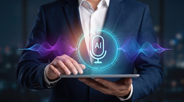 Artificial intelligence voice assistant concept on tablet screen with sound waves, smart technology and virtual helper for business communication.