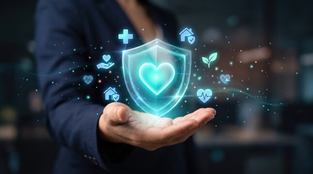 Hand holding glowing shield with heart symbol surrounded by medical and home icons, health insurance, life protection, wellness care, social security and family safety guarantee