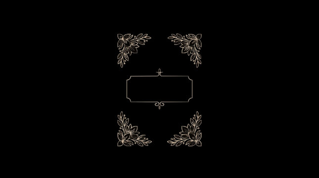Vintage Decorative Frame with Four Floral Corner Ornaments and Central Ornate Label on Black Background, Hand-Drawn Botanical Line Art for Wedding Invitations and Elegant Branding.