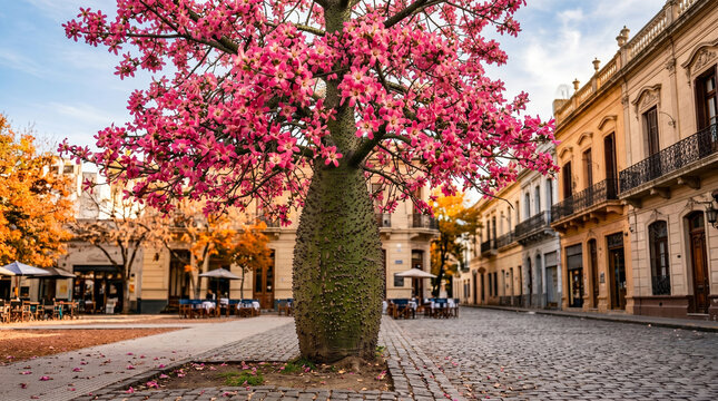 Vibrant pink floss silk tree blooming beautifully in the center of a historic cobblestone plaza
