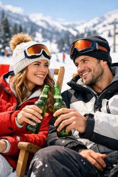 Smiling couple in ski gear toasting with bottles at a snowy mountain resort for winter sports lifestyle and vacation banner