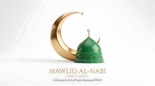 Mawlid al-Nabi greeting with 3D gold crescent moon and green dome.