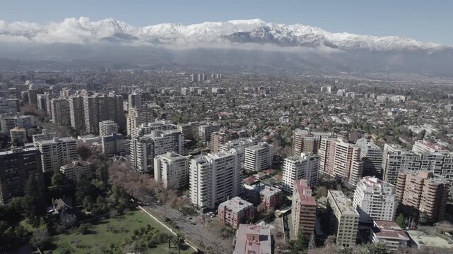 High Altitude Aerial Footage Of Santiago De Chile With Majestic Snow Peaks