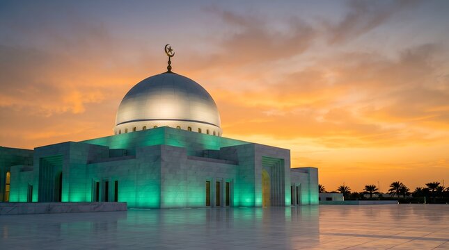 Modern grand mosque with illuminated green facade and dome at sunset
