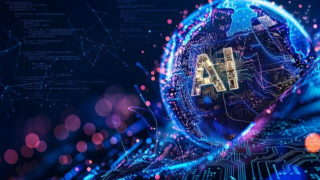 Global machine learning algorithm concept displaying circuit board earth surrounded by glowing digital code data