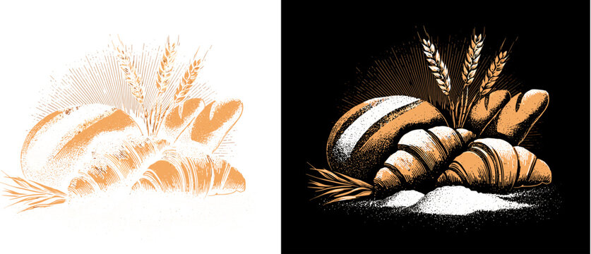 Artisan Bread with Wheat Ears Baguette Croissant and Fresh Baked Goods Bakery Vector Illustration Isolated on Transparent Background