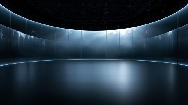 Empty Futuristic Virtual Studio Stage with Curved Illuminated Glass Wall