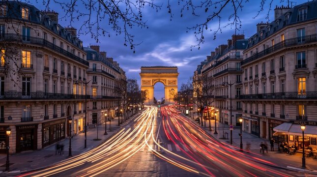 Arc de Triomphe at Dusk with Light Trails in Paris
