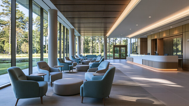 Modern Hotel Lobby Interior with Reception Desk and Seating