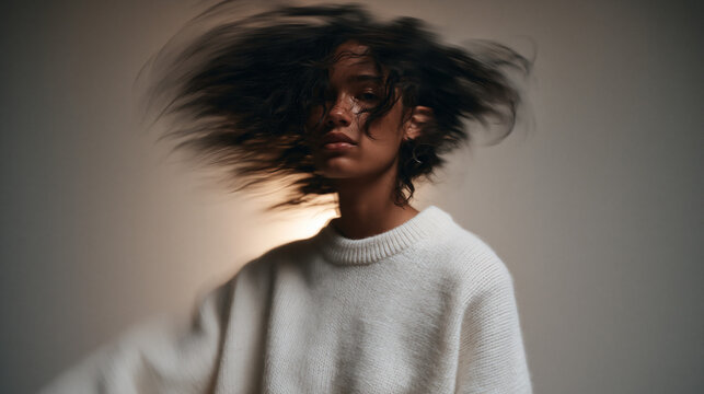 Young Woman Flipping Dark Hair with Dynamic Motion Blur