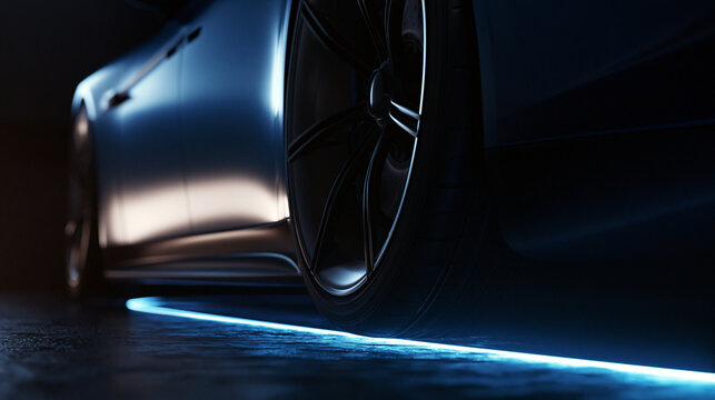 Modern Luxury Electric Sports Car Wheel with Blue Underglow