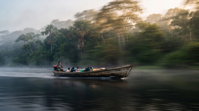Wooden Boat Traveling Fast on Amazon River in Morning Mist