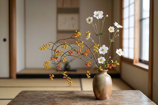 Generative AI illustration of a traditional Japanese jiyuka ikebana arrangement with white anemones and oriental bittersweet branches in a ceramic vase