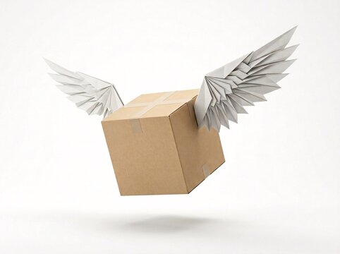 Brown cardboard package flying with origami paper wings for fast global logistics and express commercial freight delivery concept