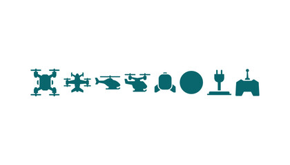 Unmanned aerial vehicle drone technology icon set quadcopter helicopter remote control charging charger station vector illustration © Khairul