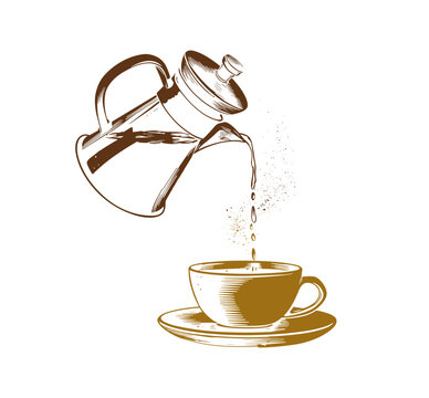 Pouring Coffee from Coffee Pot into Cup Hot Beverage Cafe Breakfast Vintage Vector Illustration Isolated on Transparent Background