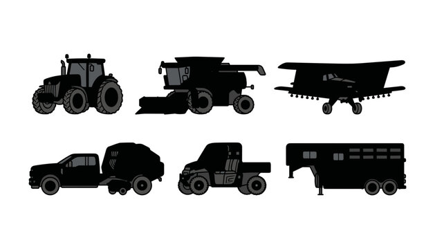 Agricultural machinery and farm transport icon set tractor combine harvester crop duster truck utility vehicle trailer vector illustration