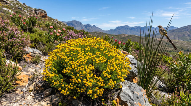 Cape sugarbird perched near bright yellow wildflowers on a sunny rocky mountain slope in spring