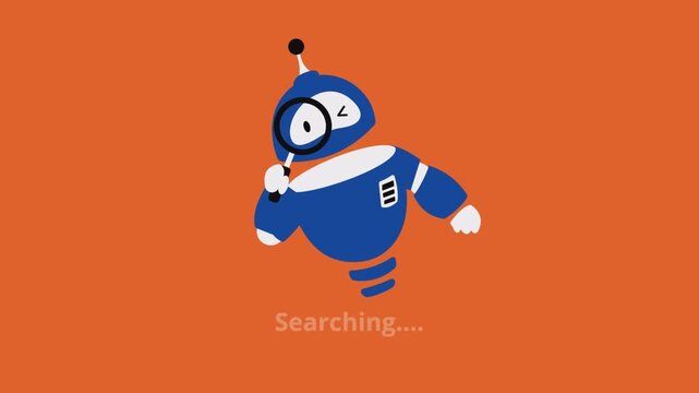 Blue Cartoon Robot Character Looking Through a Magnifying Glass Isolated on a Solid Orange Background