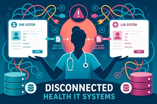 Disconnected health IT systems duplicate data entry concept illustration