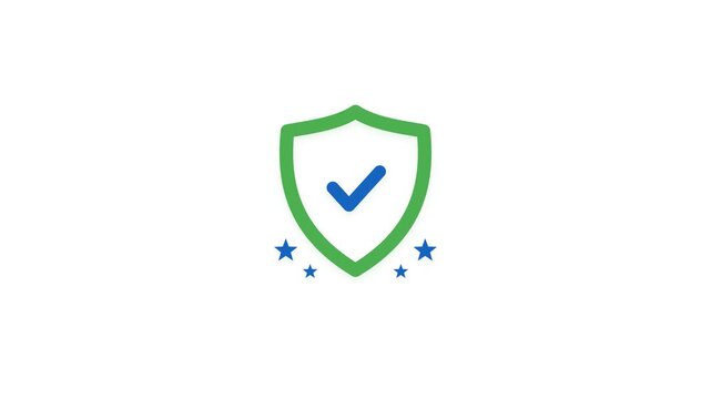 Minimalist green protection shield with blue verification checkmark and stars on white background