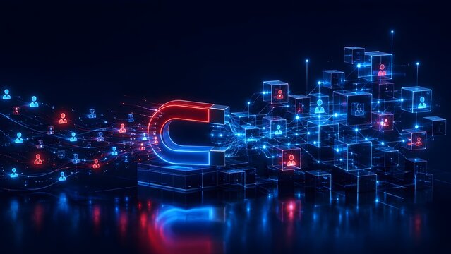 Glowing digital magnet attracting cyber people avatars from a complex cube network representing online lead generation and tech talent acquisition