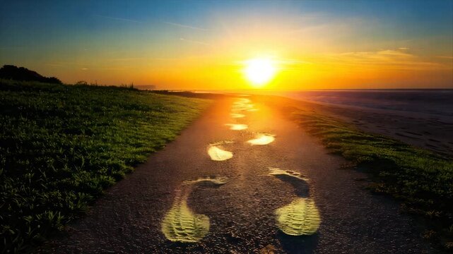 A path of footprints leads toward a vibrant sunset over a beach, with green grass flanking it