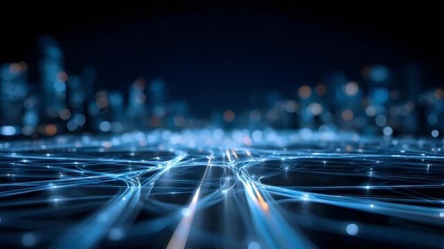 Glowing fiber optic data highway converging in smart city core at night (AI Generated)